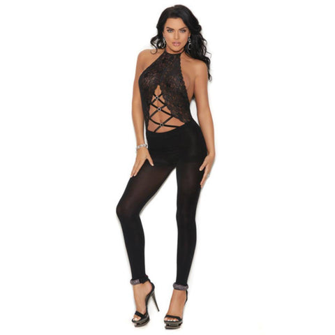 Vivace Lace & Opaque Halter Neck Bodystocking w/Criss Cross Detail Black O/S