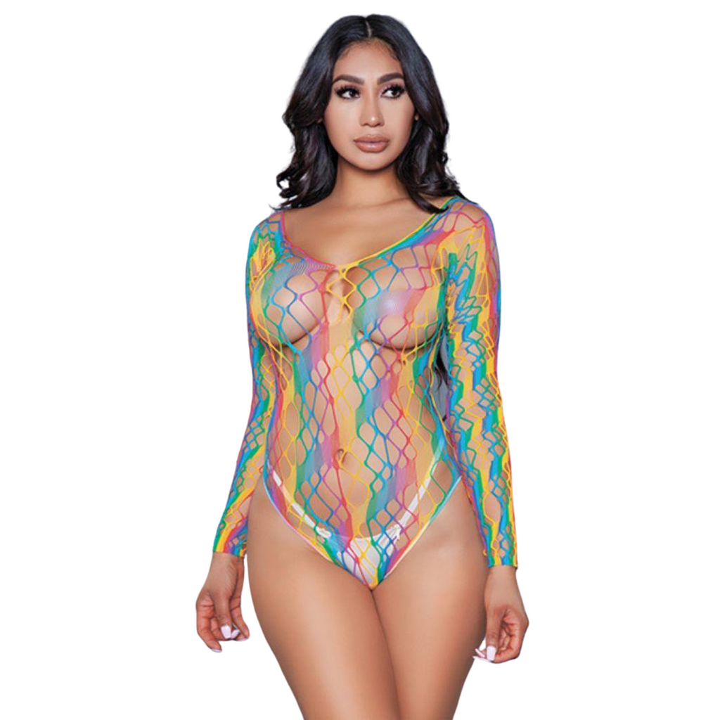 Web Fishnet Detail, Solid Slanted Stripes & Mid Arm Length Bodysuit Rainbow O/S